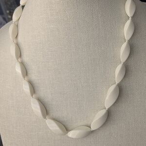 Vintage 1960s Ivory Lucite Marquise Bead Necklace Screw Clasp Mid Century Mod